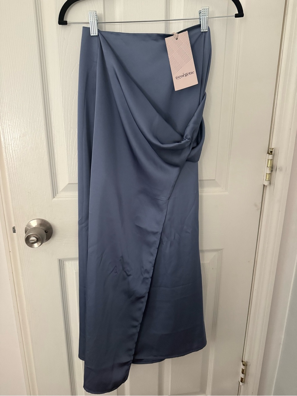 Georgette Dusky Blue Midi Skirt with Draped Knot Detail